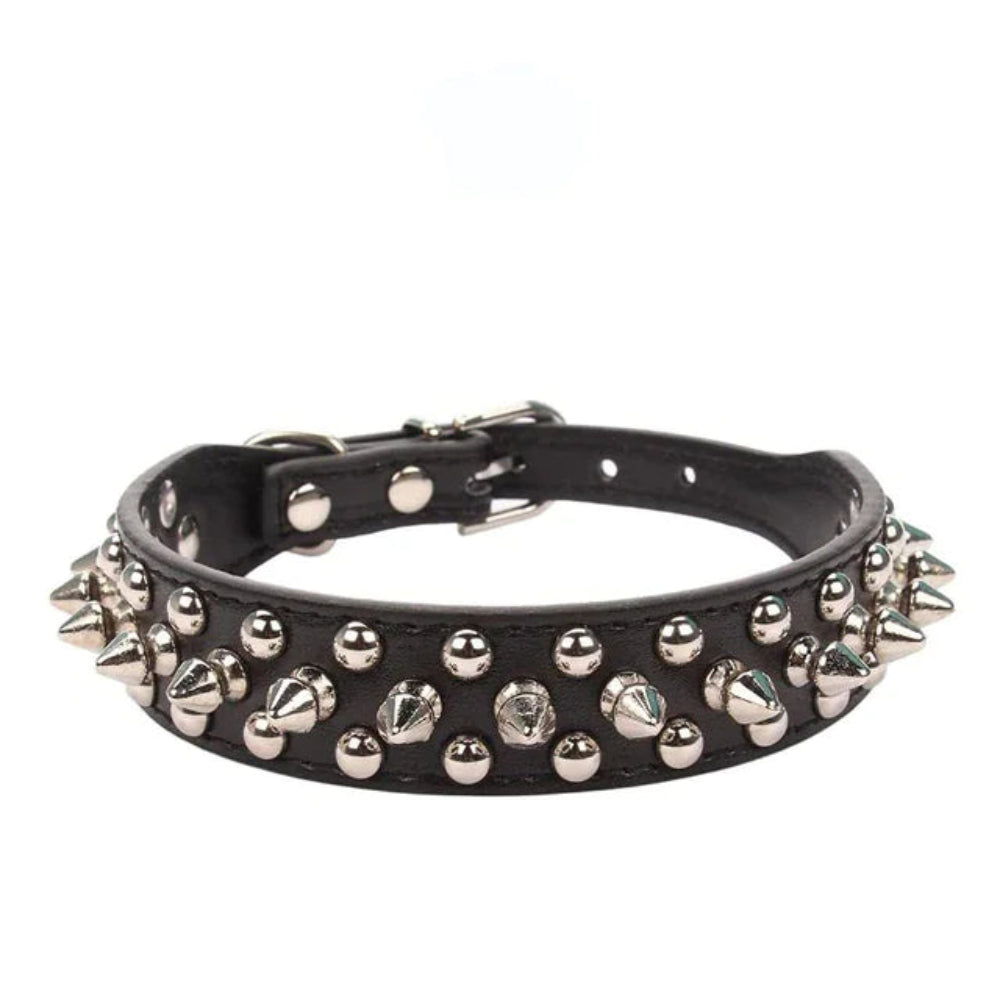 Black leather dog collar with silver spikes and studs on a white background