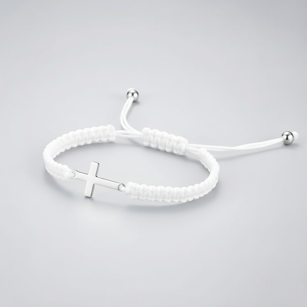 White braided bracelet with a silver cross charm on a light gray background