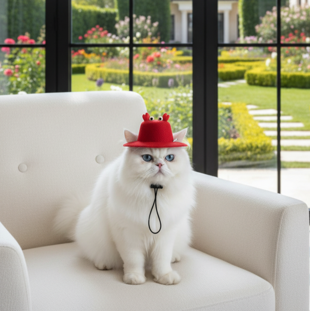 White cat wearing a red hat with antlers on a white couch, garden visible through window