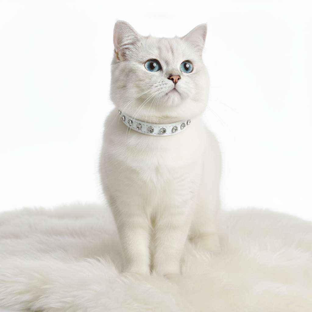 White cat wearing a white collar on a white background