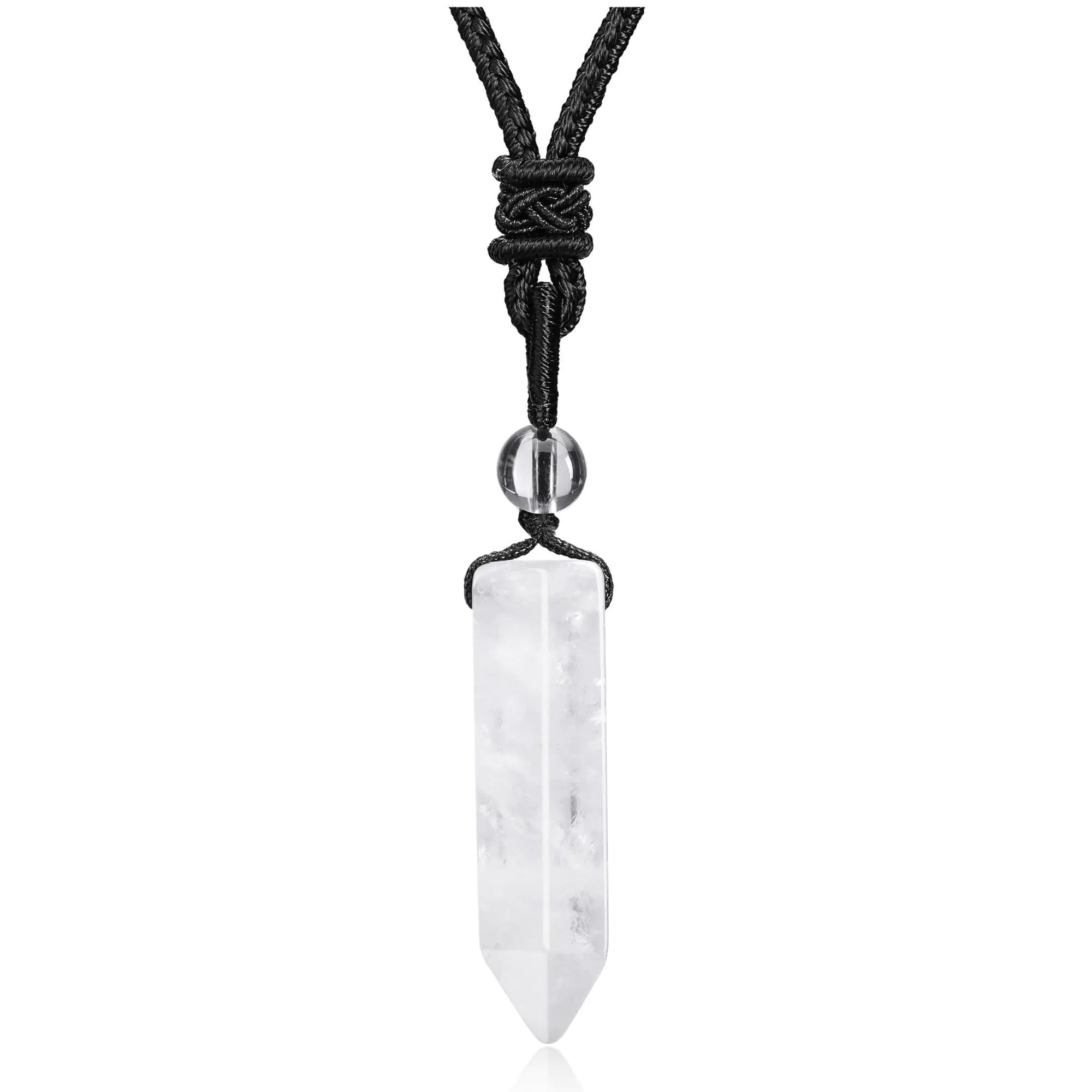 White crystal pendant on a black cord A hexagonal clear quartz crystal pendant on an adjustable braided rope - minimalist healing energy for the modern man.