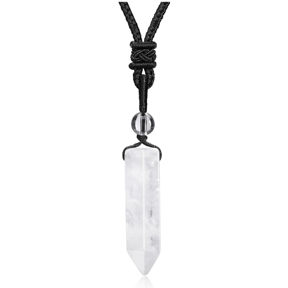 White crystal pendant on a black cord A hexagonal clear quartz crystal pendant on an adjustable braided rope - minimalist healing energy for the modern man.
