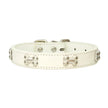 White dog collar with bone-shaped studs on a white background