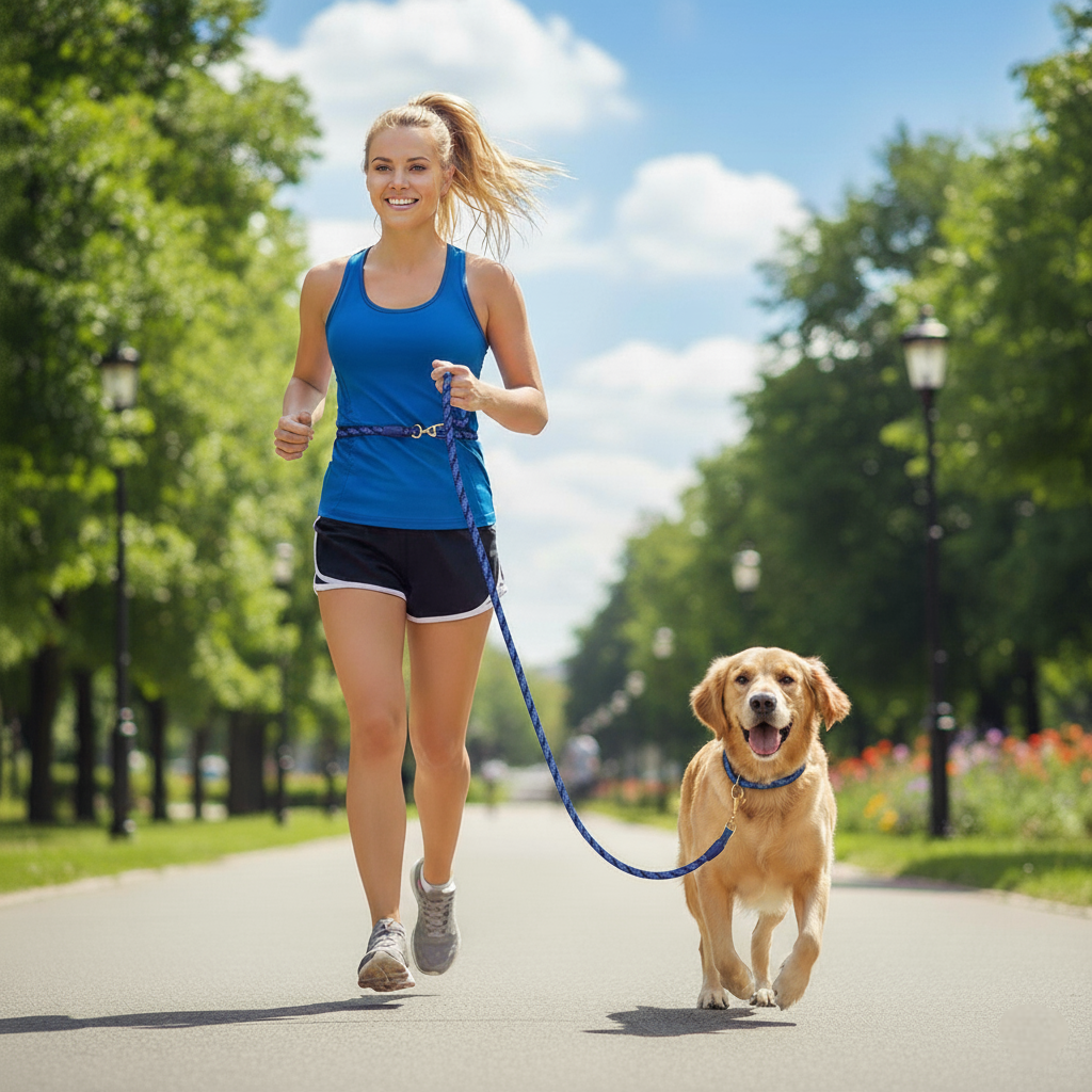 Woman running with a dog on a leash in a park