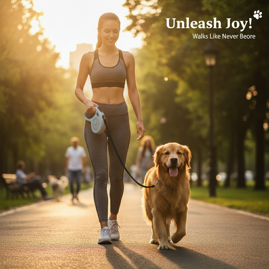 Woman walking a dog in a park with 'Unleash Joy!' branding.