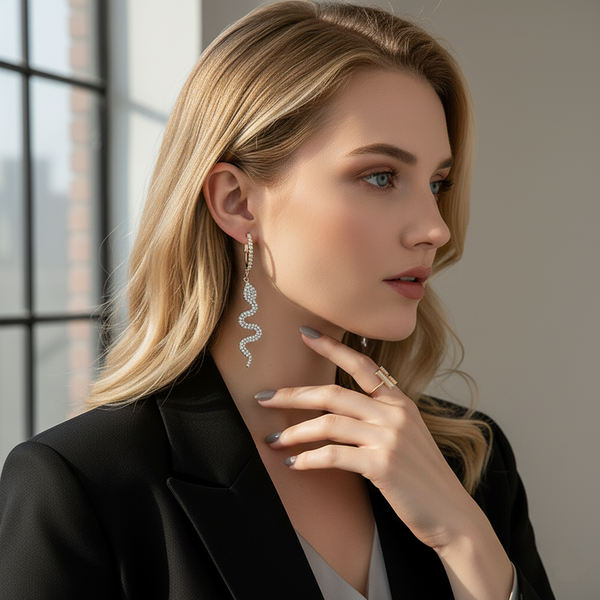 Woman wearing an elegant pair of silver-tone snake drop earrings featuring pavé-set rhinestones.  earrings and a black blazer indoors.