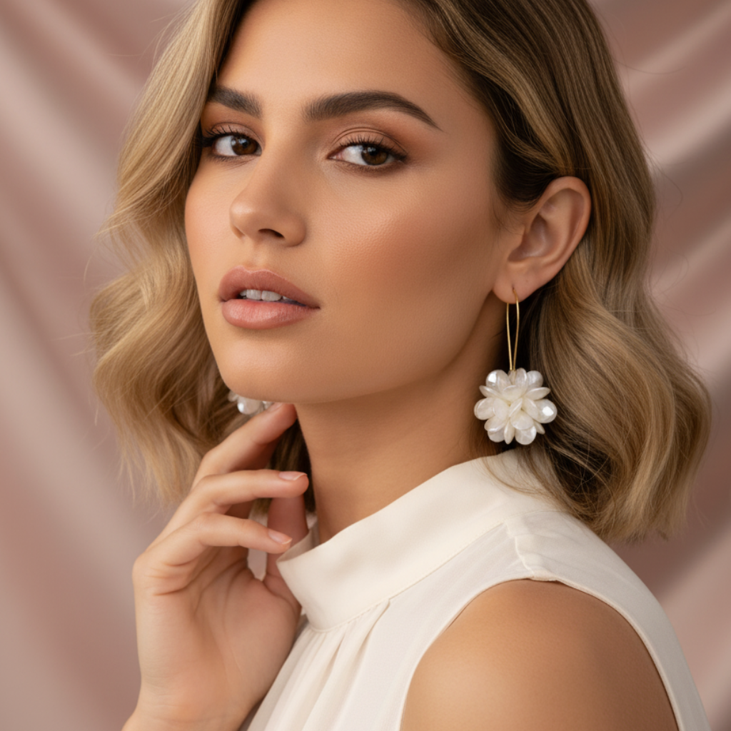 Woman wearing floral earrings with a soft pink background
