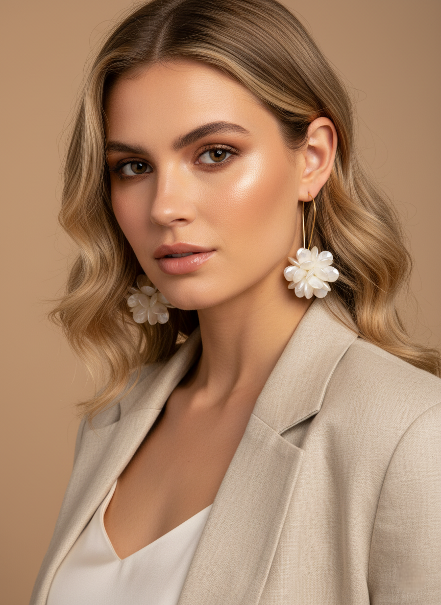 Woman wearing large floral earrings against a beige background
