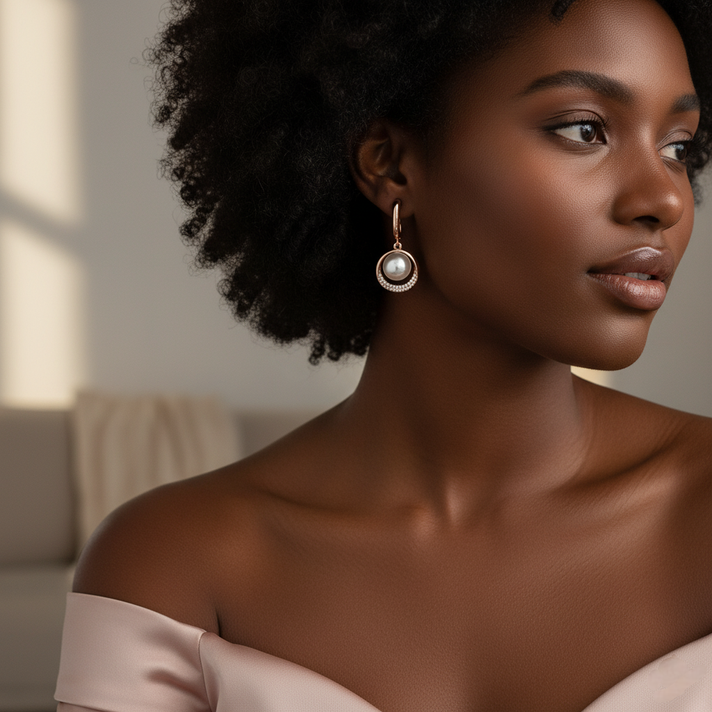 Woman wearing pearl earrings in a softly lit room