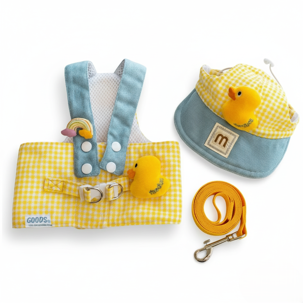 Pet accessory set with yellow rubber duck design on a white background