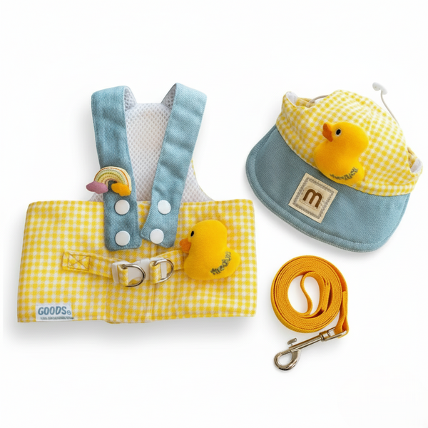 Pet accessory set with yellow rubber duck design on a white background