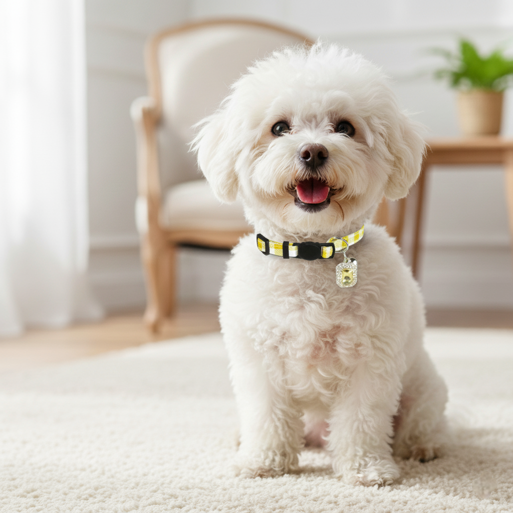 Small white dog with a colorful collar sitting on a carpeted floor.