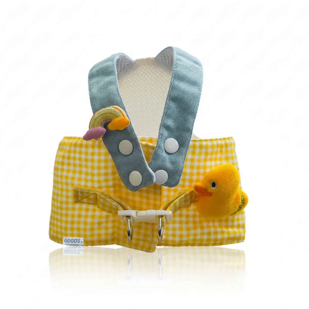 Yellow checkered baby carrier with gray hood and duck toy on a white background