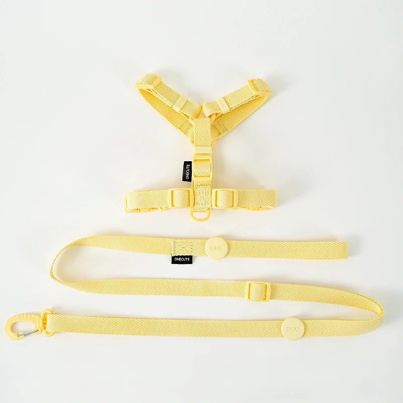 Yellow dog harness and leash set on a white background