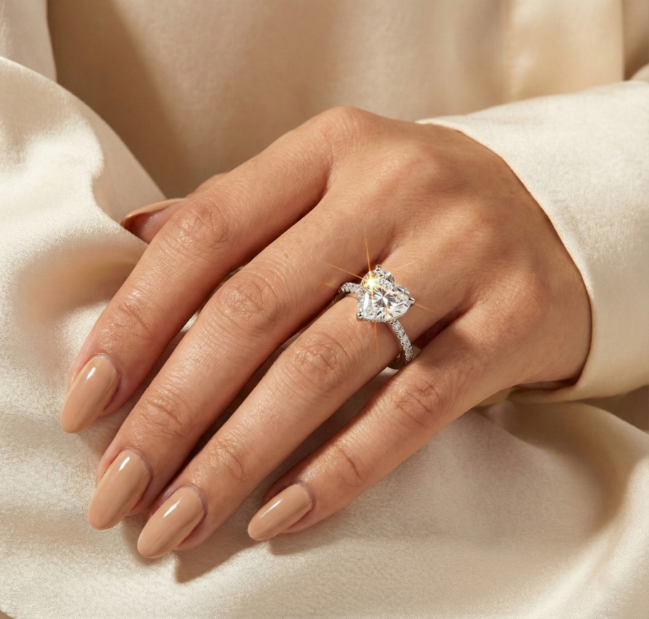 Hand wearing a Heart-shaped Simulated diamond ring on a soft beige fabric background
