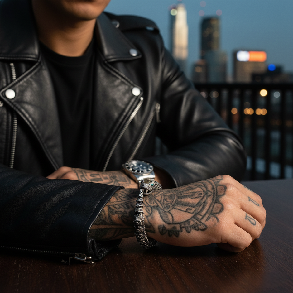 Person wearing a black leather jacket with a Silver snake cuff on the hand, city skyline in the background