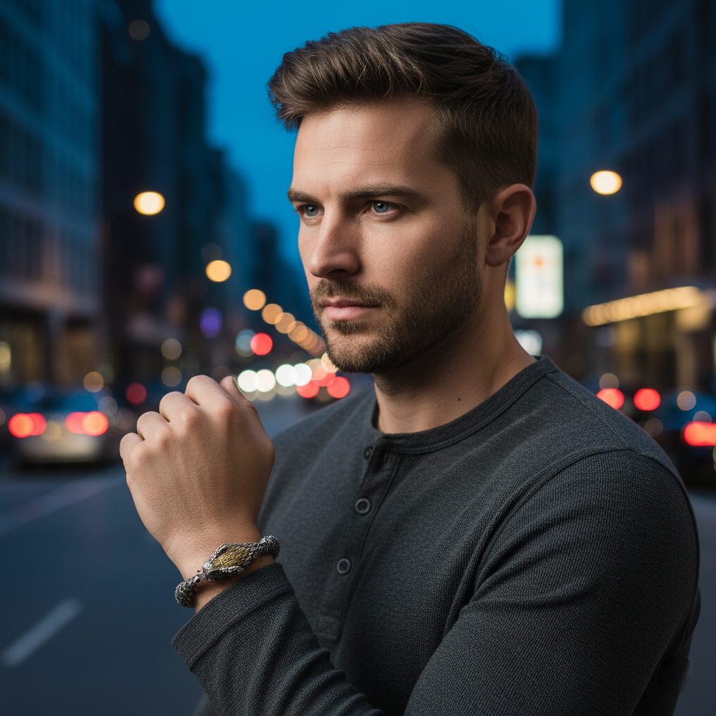 A man standing on a city street at night with a Silver snake cuff on his hand  in the background