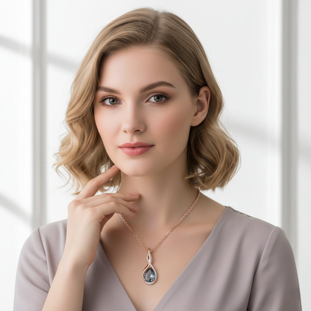 Woman wearing a necklace with a teardrop pendant against a neutral background