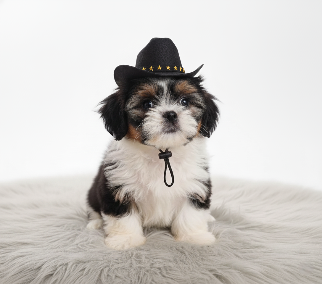 Small dog wearing a black cowboy pet hat on a white background