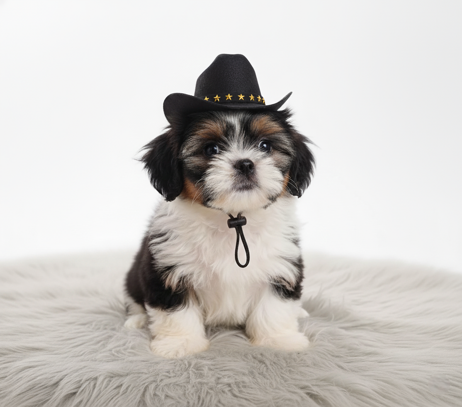 Small dog wearing a black cowboy pet hat on a white background