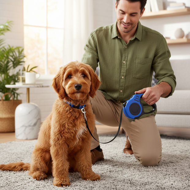 Man kneeling on a rug with a brown dog, holding a blue retractable leash.