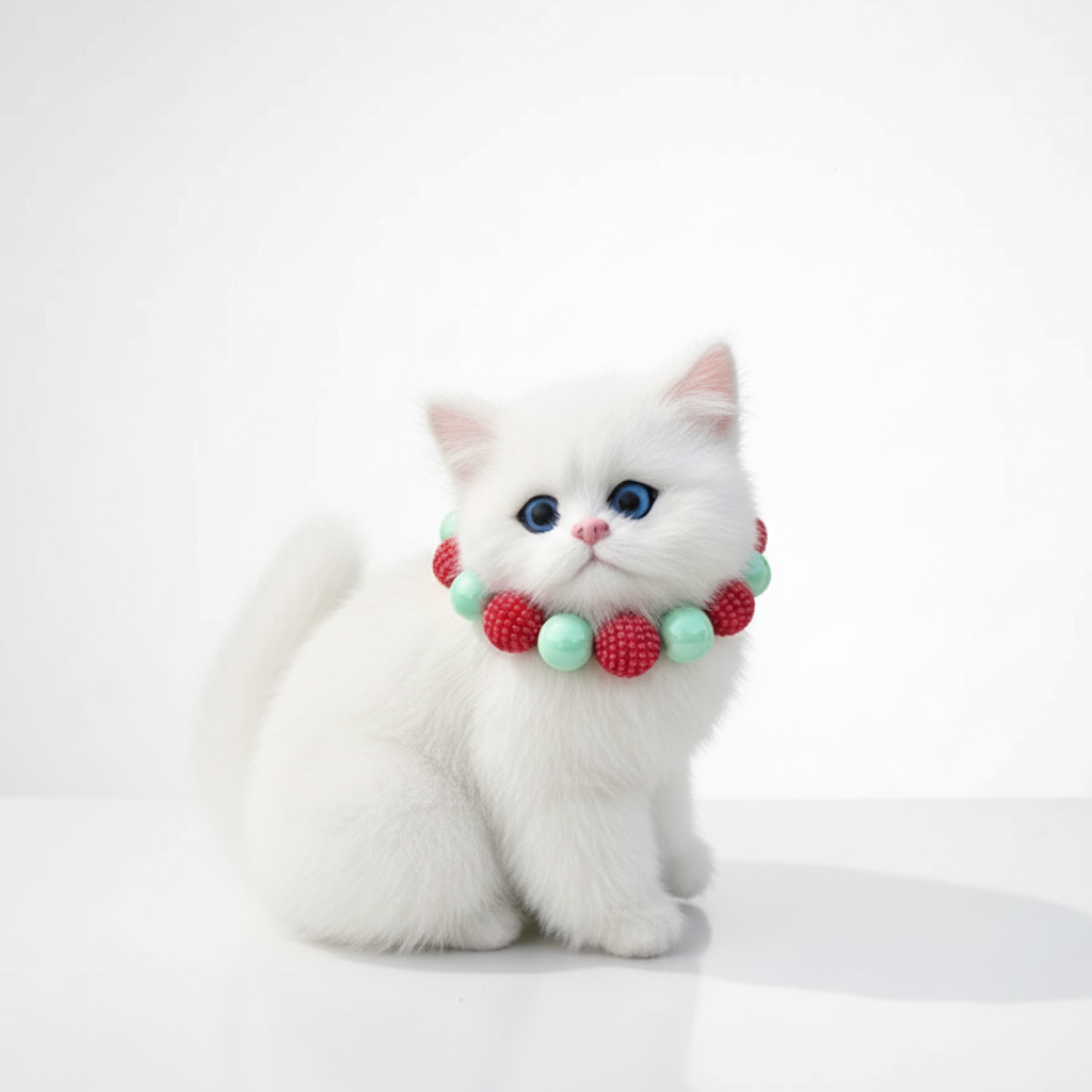 White kitten wearing a colorful bead collar on a white background