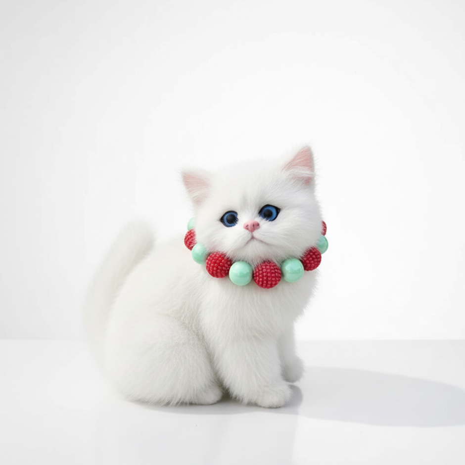 White kitten wearing a colorful bead collar on a white background