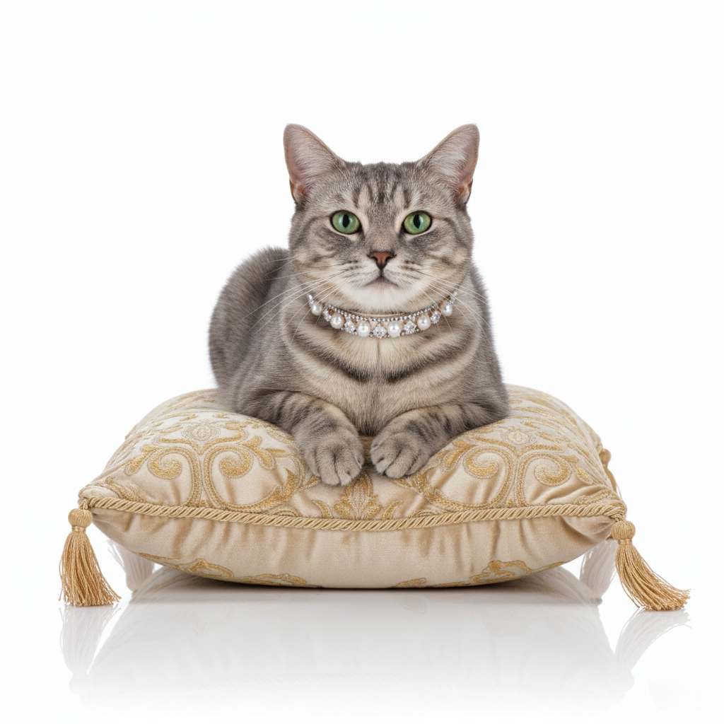A cat wearing a diamond necklace on a decorative pillow with a white background