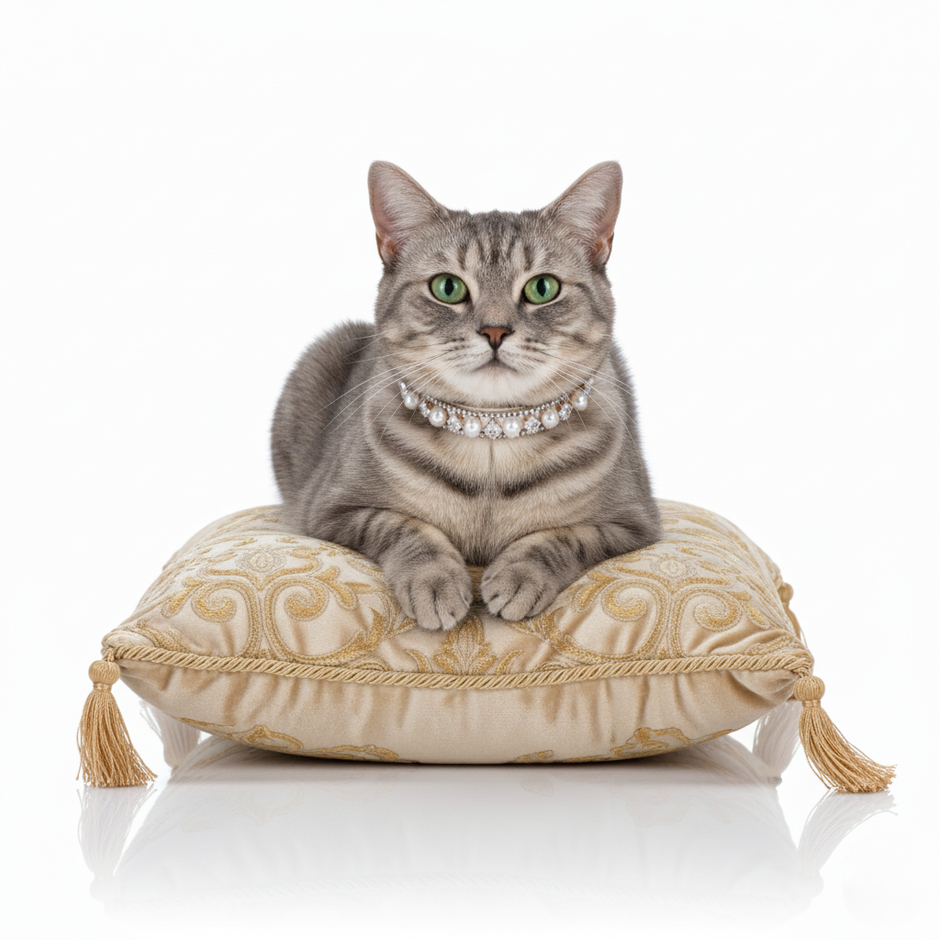 A cat wearing a diamond necklace on a decorative pillow with a white background