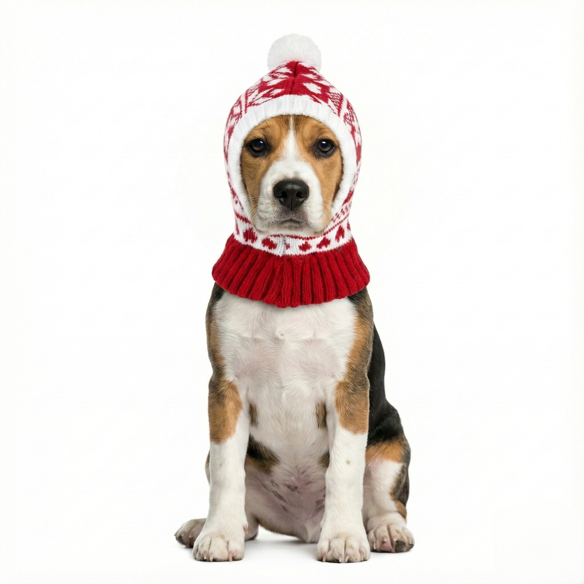 Dog wearing a red and white knitted hat on a white background