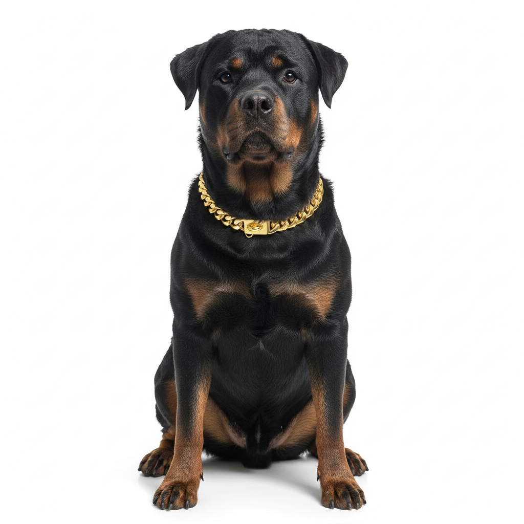 Rottweiler wearing a gold chain collar on a white background