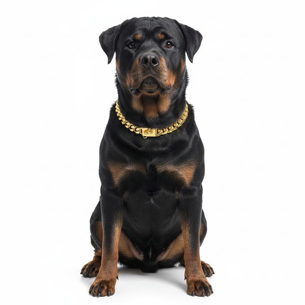 Rottweiler wearing a gold chain collar on a white background