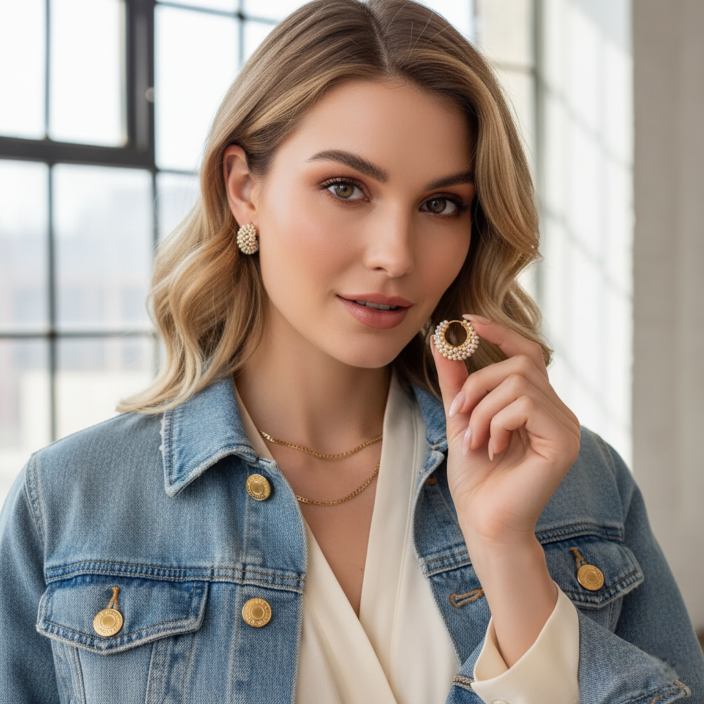 A woman wearing a denim jacket and holding a pair of gold-plated hoop earrings featuring multiple layers of white faux pearls. 