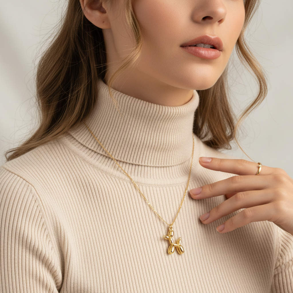 Woman wearing a gold necklace with a dog pendant on a neutral background