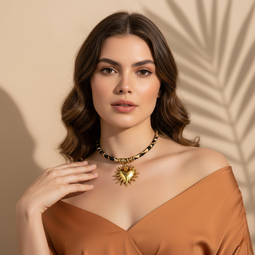 Woman wearing a gold necklace with a heart pendant against a beige background