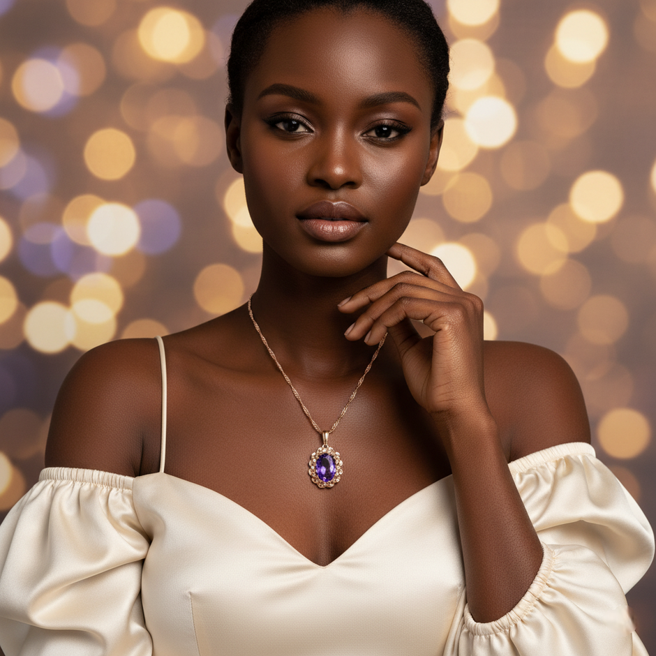 Woman wearing a necklace with a purple gemstone against a bokeh light background