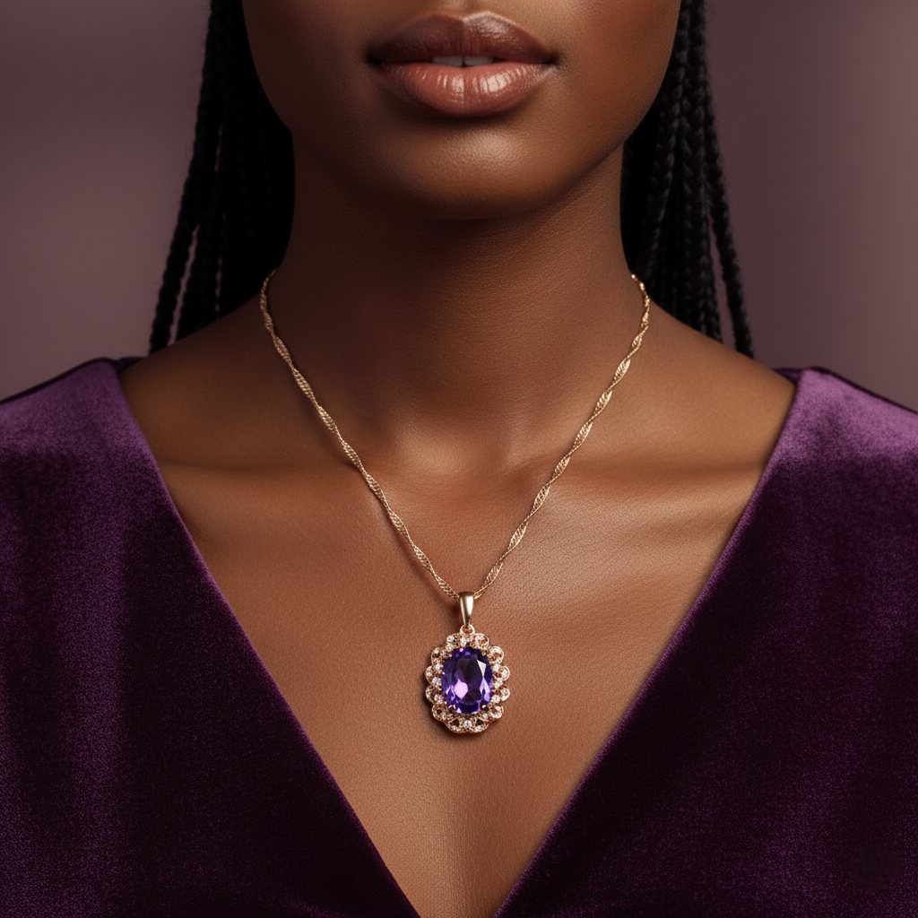 Woman wearing a gold necklace with a purple gemstone pendant against a blurred background