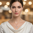 Woman wearing a necklace with a pearl pendant against a blurred background