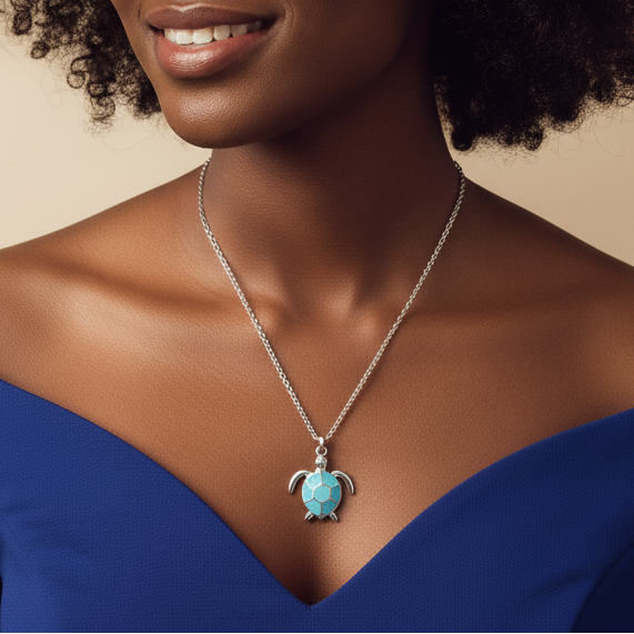 Woman wearing a necklace with a turtle pendant on a beige background