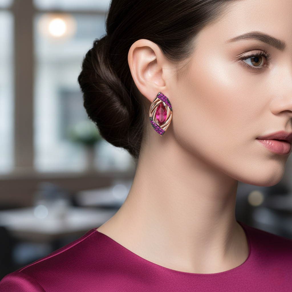 Woman wearing a pair of pink earrings with a blurred indoor background