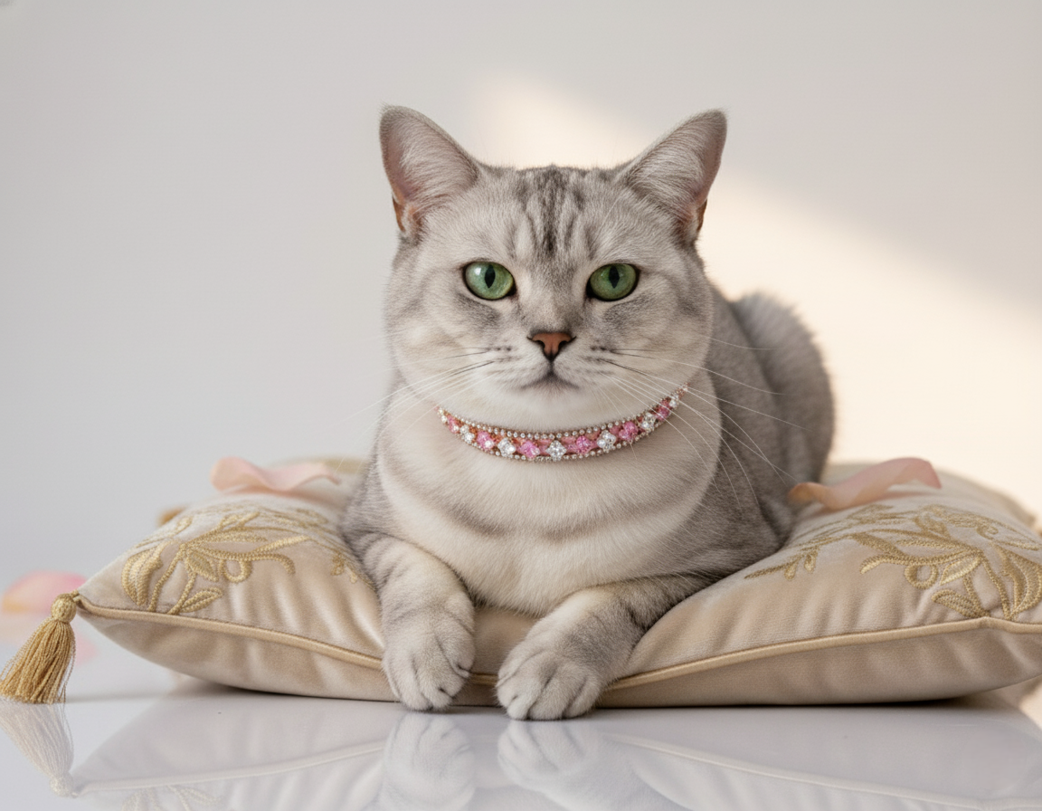 A cat wearing a pink collar on a decorative pillow with a white background