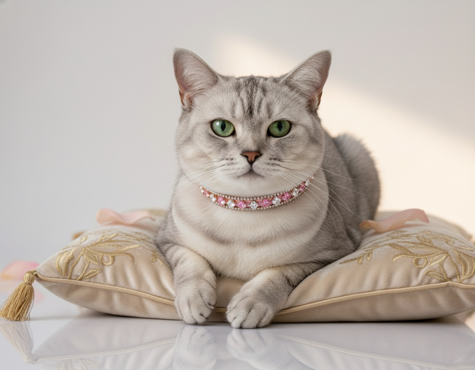 A cat wearing a pink collar on a decorative pillow with a white background