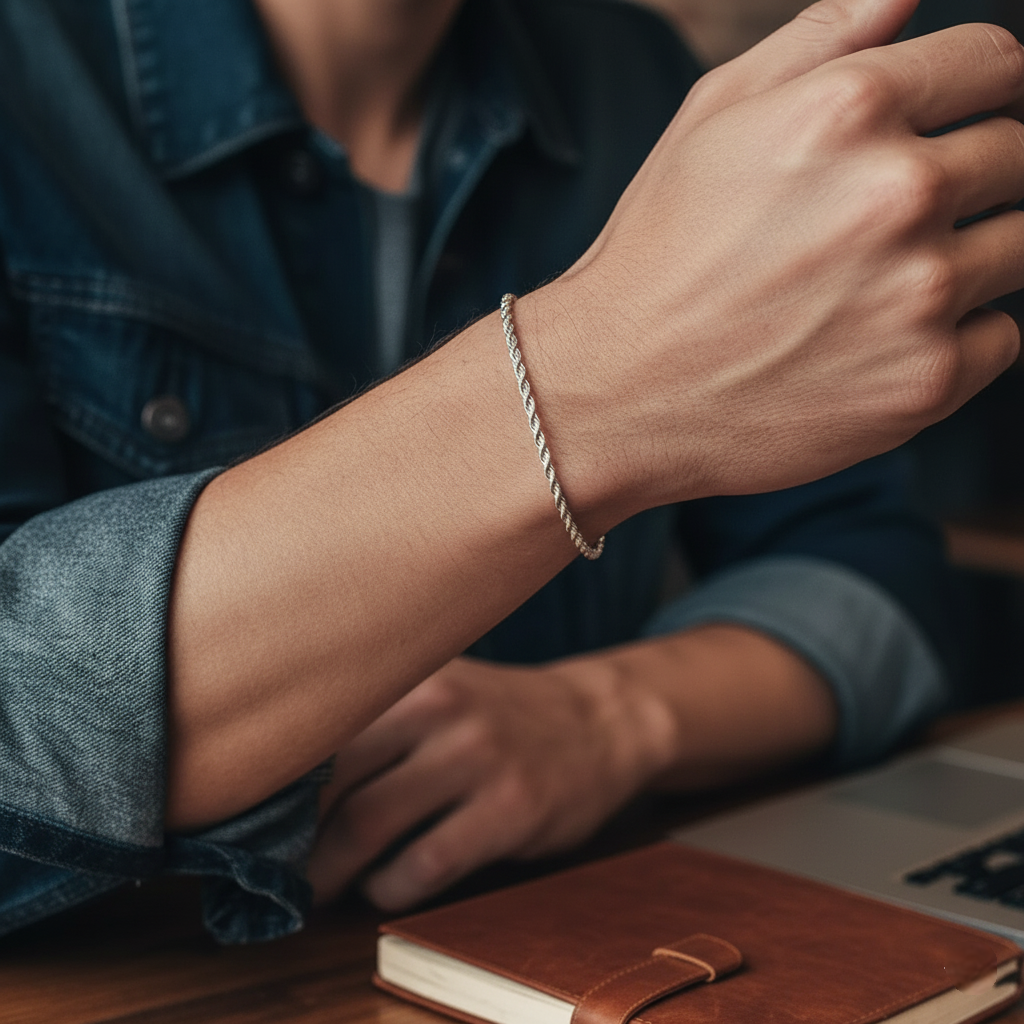 Person wearing a silver bracelet with a brown leather notebook on a wooden surface
