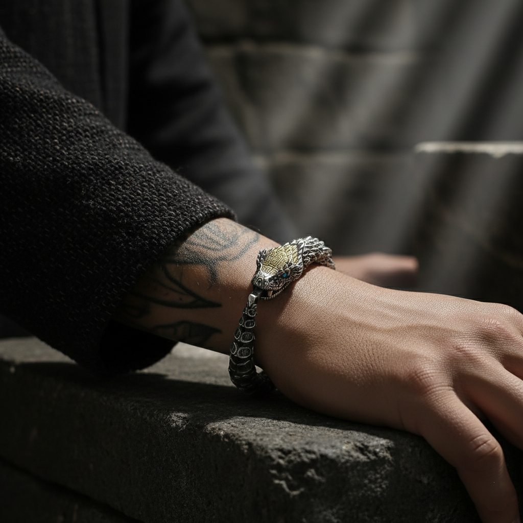 Close-up of a hand wearing a silver bracelet with a snake design, resting on a stone surface.