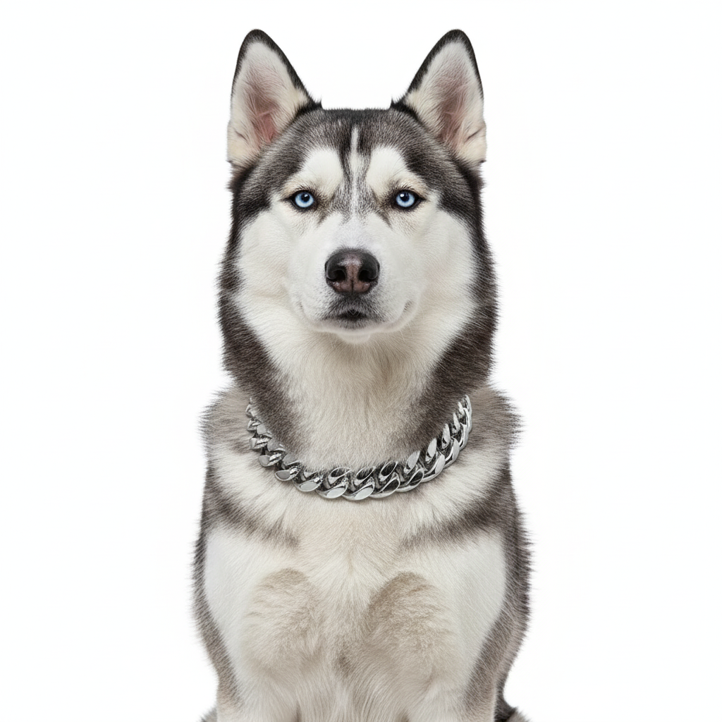 Husky dog with a silver chain collar on a white background