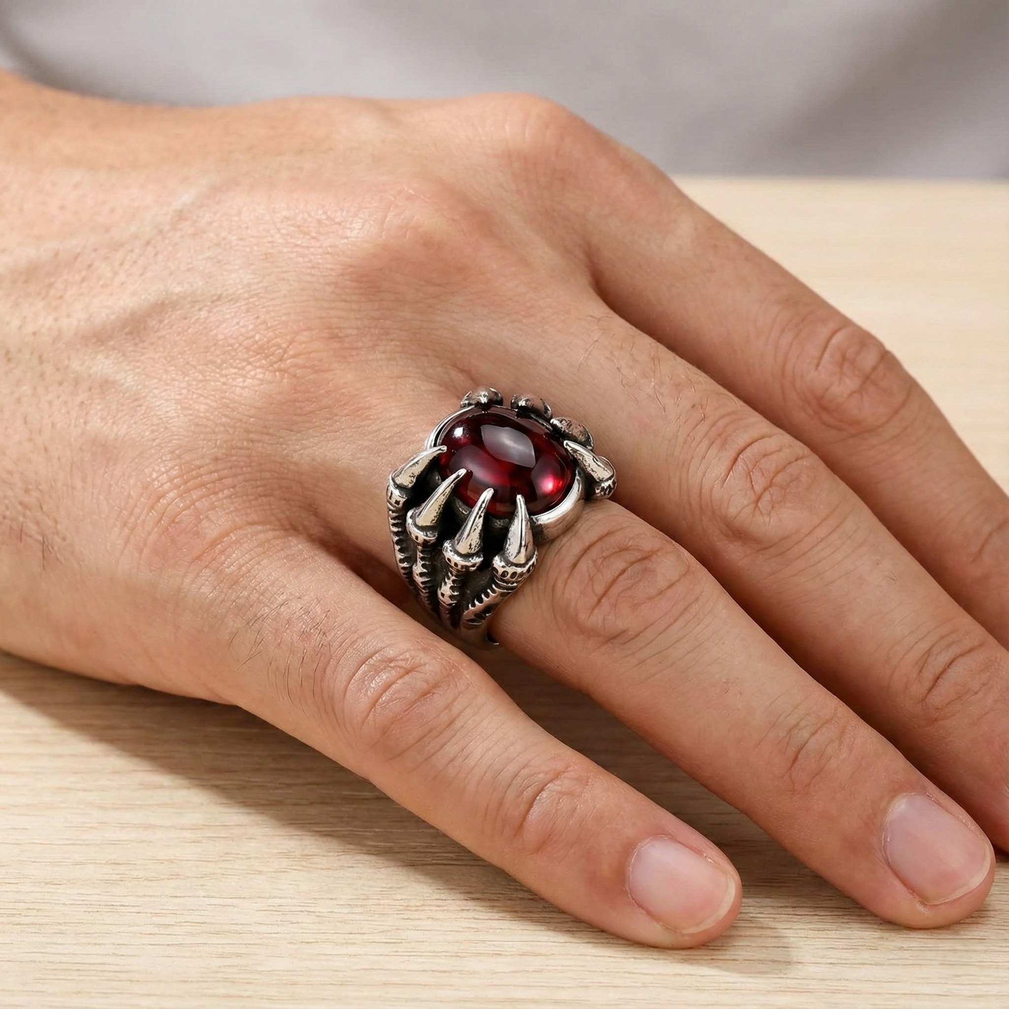 Men's Dragon Claw Ring with genuine red ruby stone - stainless steel gothic jewelry