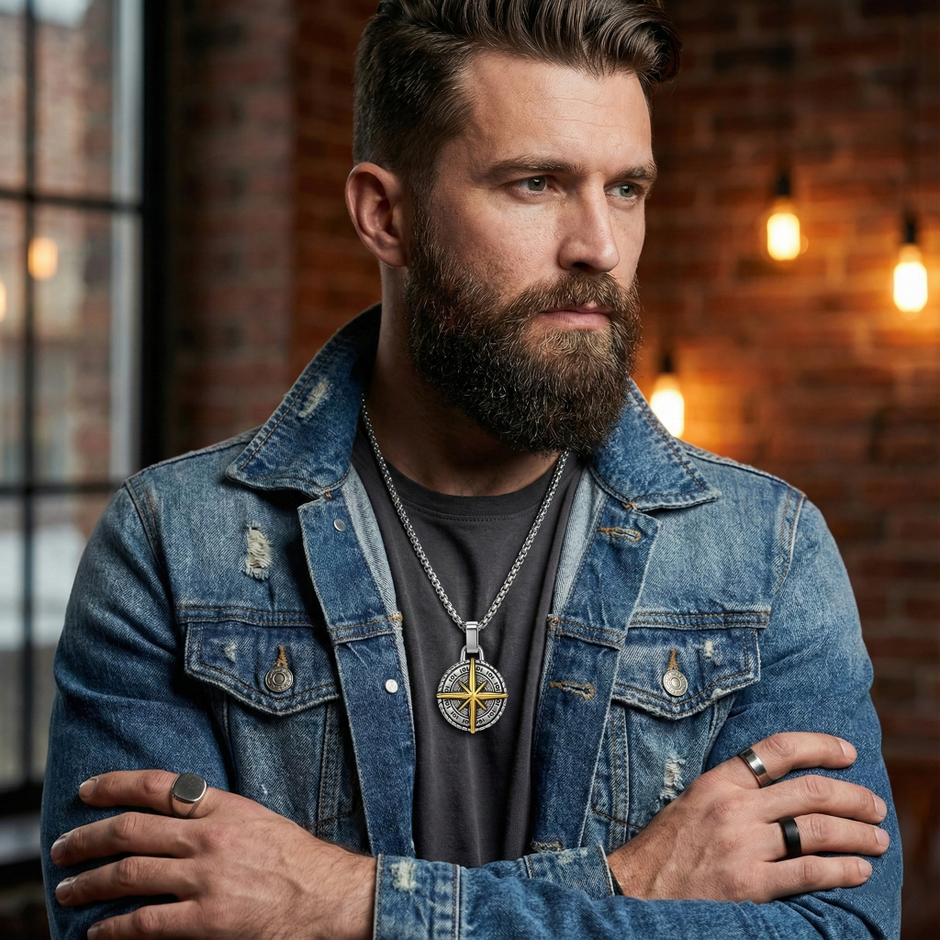 Man wearing a stainless steel compass pendant necklace featuring a silver-tone chain and a compass pendant with gold-tone accents. 