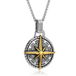 a stainless steel compass pendant necklace with a two-tone silver and gold finish. 