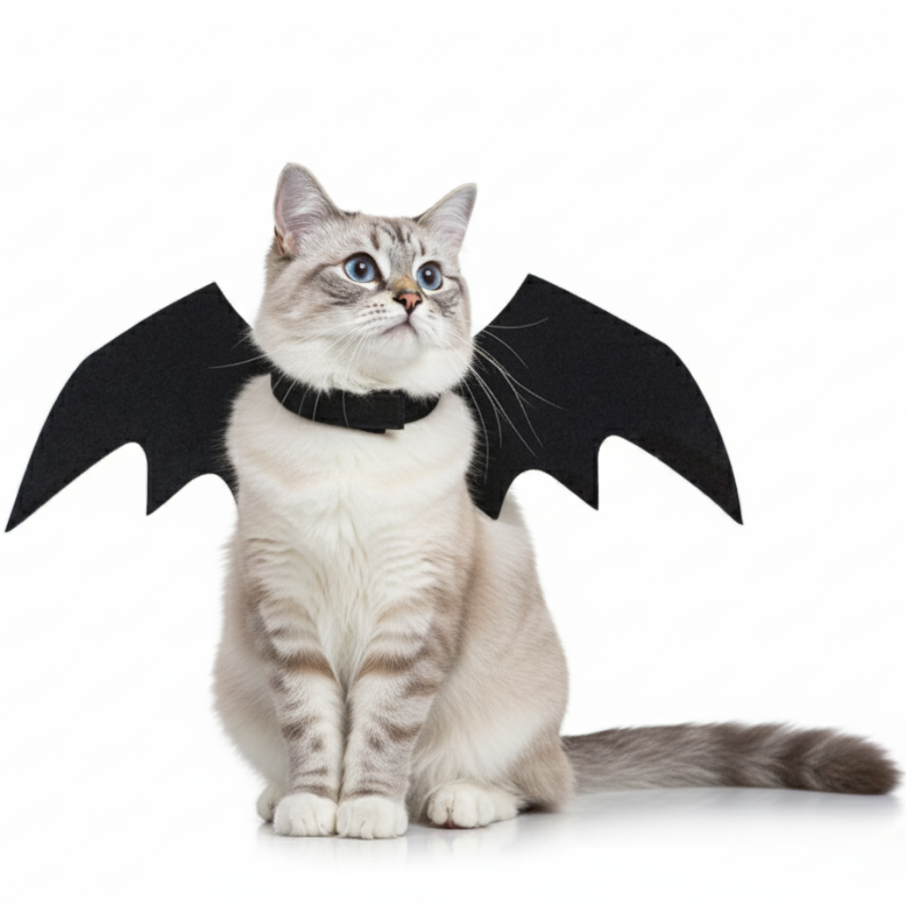 Cat wearing black bat wings on a white background