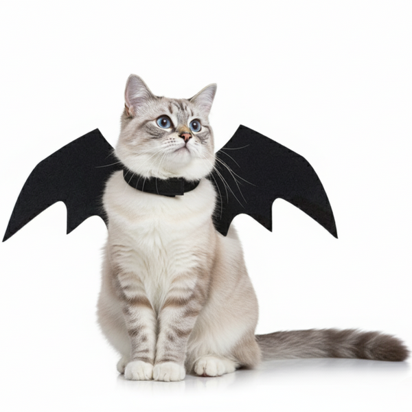 Cat wearing black bat wings on a white background